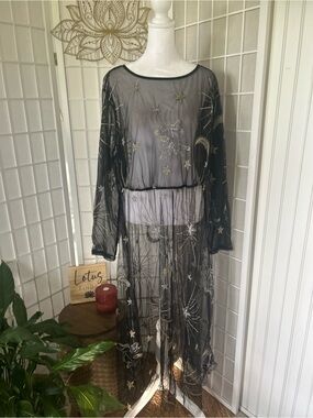 Celestial Embroidered Sheer Mesh Maxi Overlay Dress 1X/2X